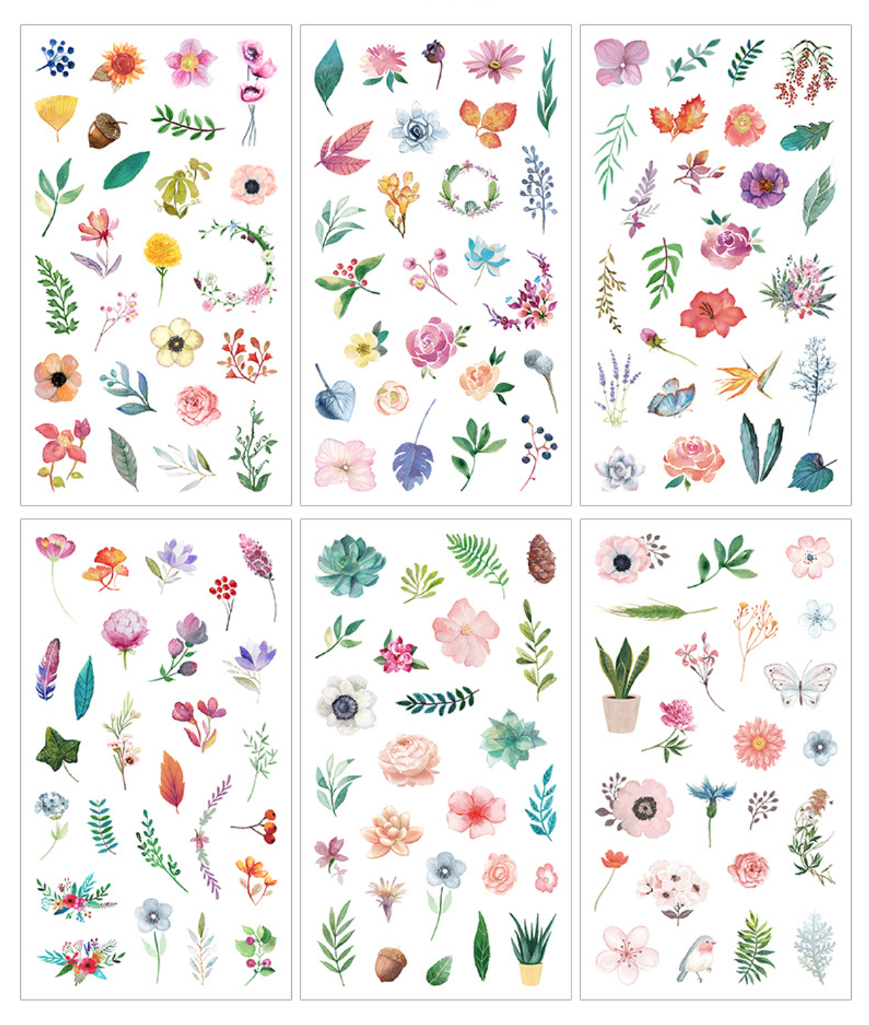 Watercolor Flowers Sticker Set - 6 Sheets