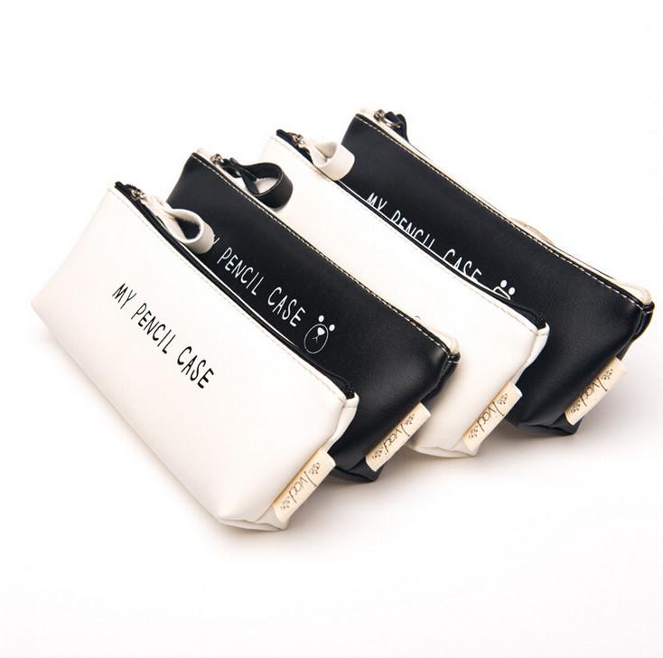 Classic Black and White Leather Pencil Case