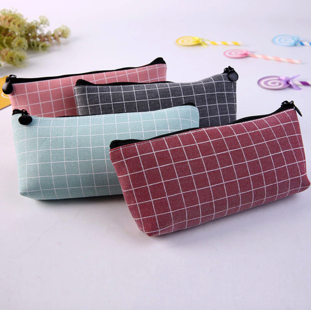 Squared Pattern Canvas Pencil Case