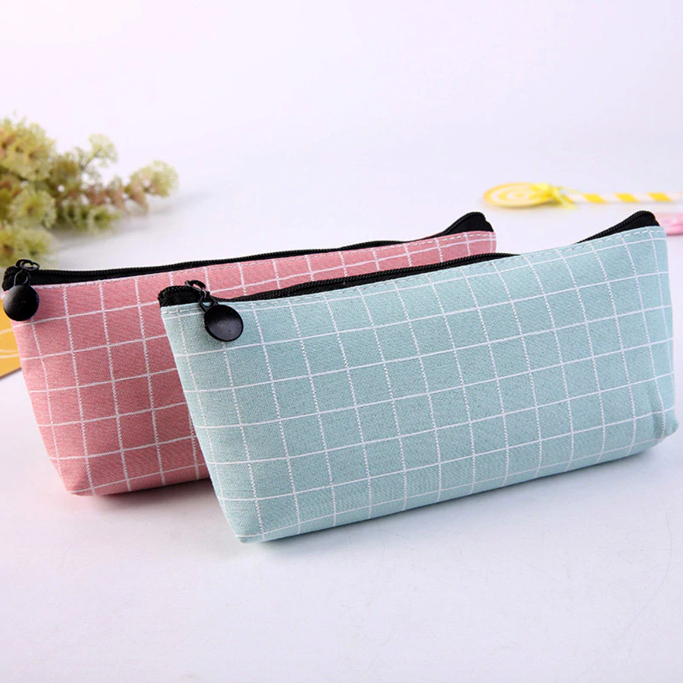 Squared Pattern Canvas Pencil Case