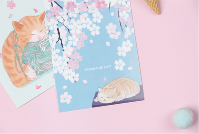 Cat & Cherry Blossom Greeting Cards
