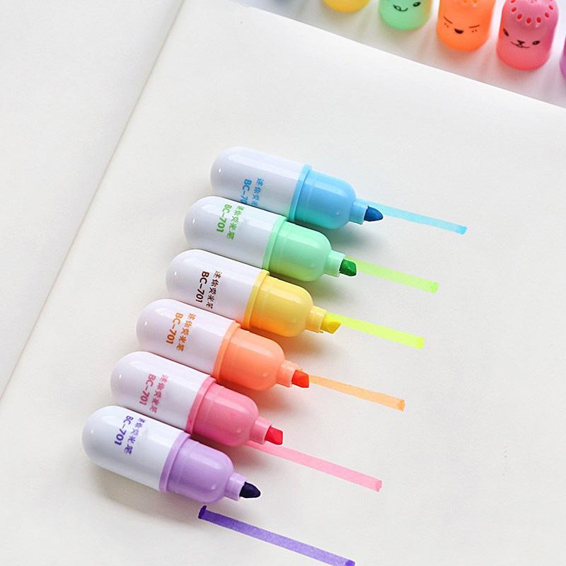 6pcs/set Cartoon Mini Highlighters Office Supplies Marker Pen Students  Stationery Vitamin Pill Fluorescent Pens for Kids DIY
