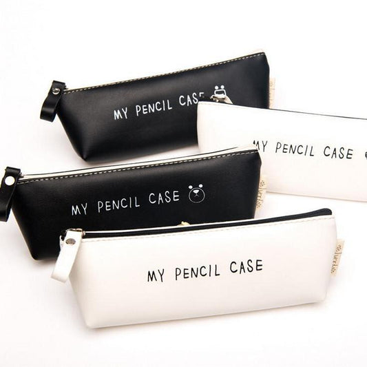Classic Black and White Leather Pencil Case