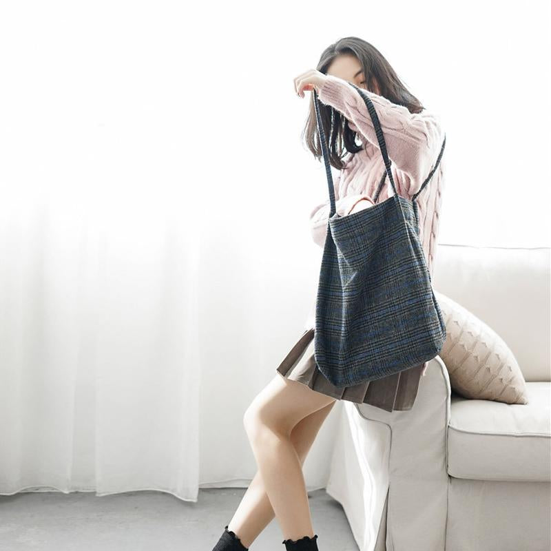 Woolen Plaid Tote Bag