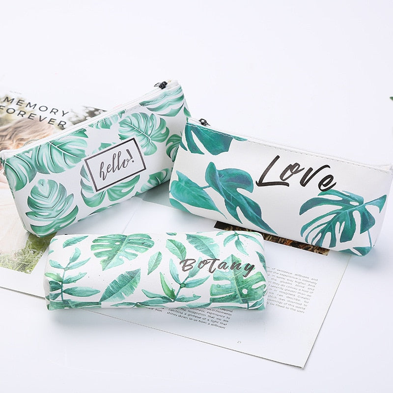 Green Leafs Print Pencil Case School Stationary