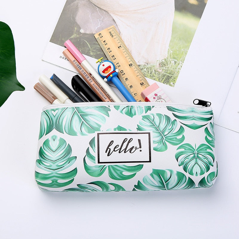 Green Leafs Print Pencil Case School Stationary